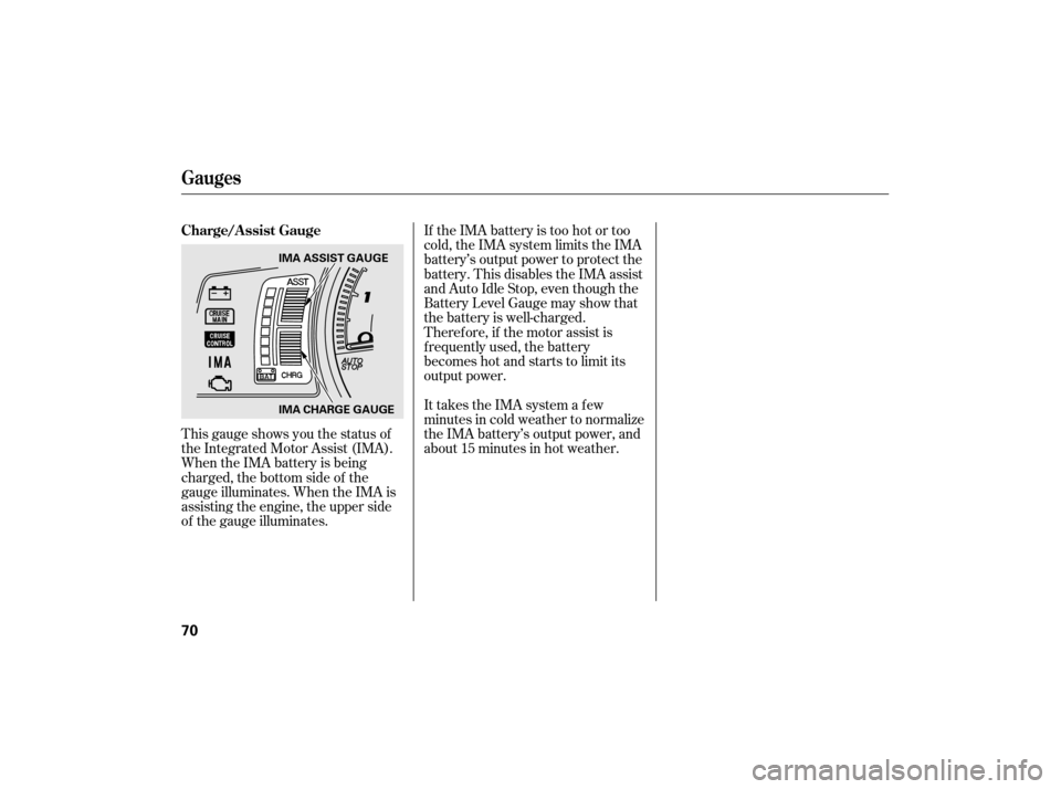 HONDA CIVIC HYBRID 2007 8.G Owners Manual This gauge shows you the status of
the Integrated Motor Assist (IMA).
When the IMA battery is being
charged, the bottom side of the
gauge illuminates. When the IMA is
assisting the engine, the upper s