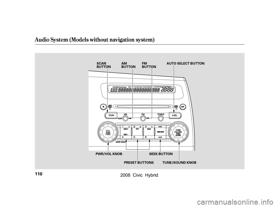 HONDA CIVIC HYBRID 2008 8.G Owners Manual Audio System (Models without navigation system)
110
AM 
BUTTON
SCAN
BUTTON FM
BUTTONAUTO SELECT BUTTON
TUNE/SOUND KNOB
PWR/VOL KNOB
PRESET BUTTONSSEEK BUTTON
\f—\f—\fy
\f\f