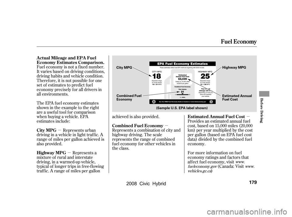 HONDA CIVIC HYBRID 2008 8.G Owners Manual µ
µ µ
µ
Fuel economy is not a f ixed number. 
It varies based on driving conditions,
driving habits and vehicle condition.
Theref ore, it is not possible f or one 
set of estimates to predict 