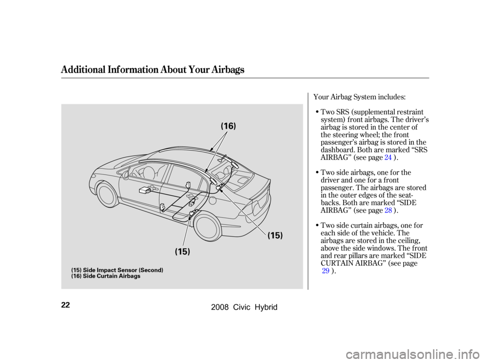 HONDA CIVIC HYBRID 2008 8.G Owners Manual Two SRS (supplemental restraint 
system) f ront airbags. The driver’s
airbag is stored in the center of 
the steering wheel; the f ront 
passenger’sairbagisstoredinthe
dashboard. Both are marked �