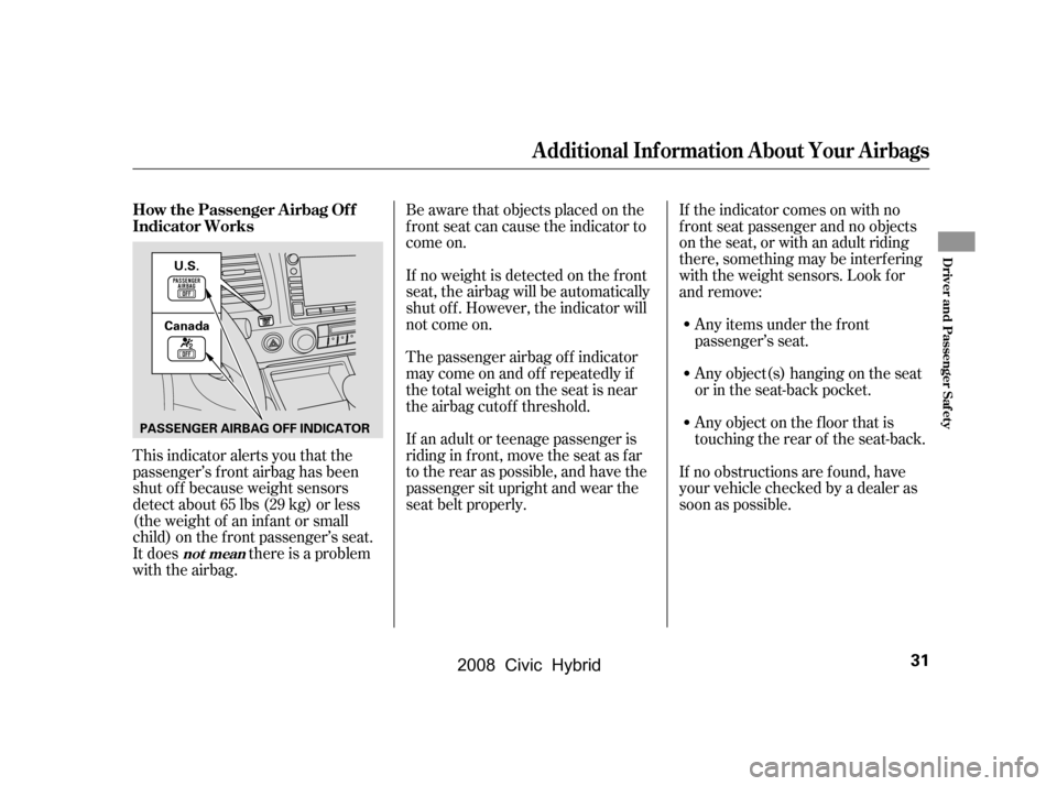 HONDA CIVIC HYBRID 2008 8.G User Guide This indicator alerts you that the 
passenger’s f ront airbag has been
shut of f because weight sensors 
detect about 65 lbs (29 kg) or less 
(the weight of an inf ant or small
child) on the f ront 