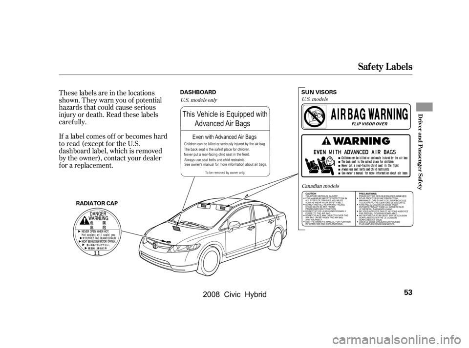 HONDA CIVIC HYBRID 2008 8.G Owners Manual These labels are in the locations 
shown. They warn you of potential
hazards that could cause serious 
injury or death. Read these labels 
caref ully. 
If a label comes of f or becomes hard 
to read (