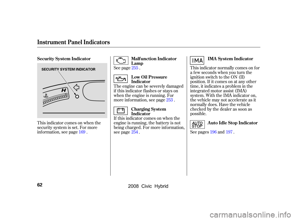 HONDA CIVIC HYBRID 2008 8.G Owners Manual The engine can be severely damaged 
if this indicator f lashes or stays on
when the engine is running. For 
more information, see page . 
If this indicator comes on when the 
engine is running, the ba