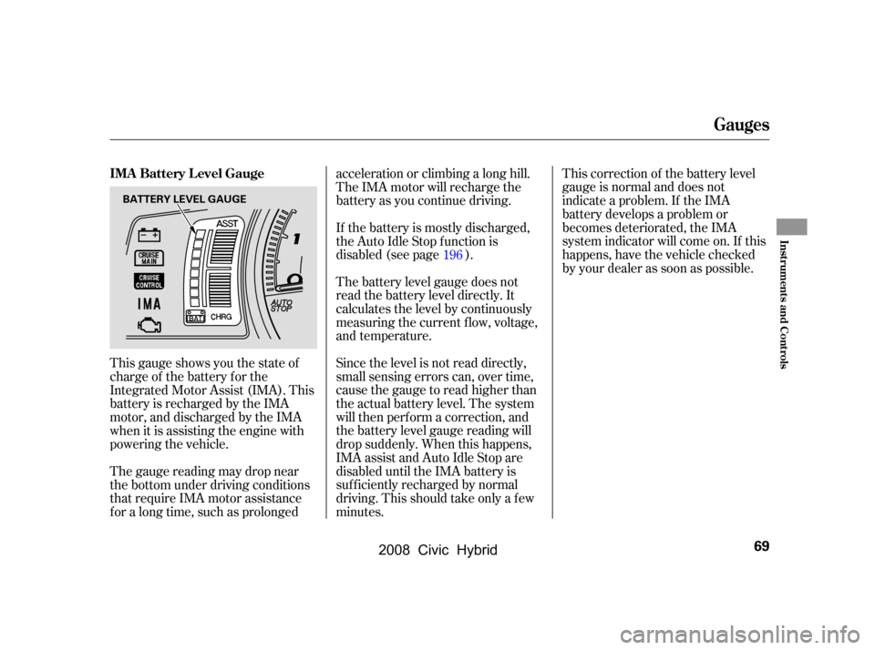 HONDA CIVIC HYBRID 2008 8.G Manual PDF This gauge shows you the state of 
charge of the battery for the
Integrated Motor Assist (IMA). This 
battery is recharged by the IMA 
motor, and discharged by the IMA
when it is assisting the engine 