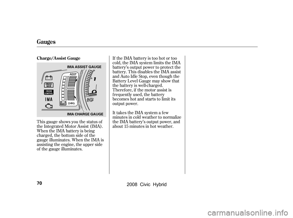HONDA CIVIC HYBRID 2008 8.G Manual PDF This gauge shows you the status of 
the Integrated Motor Assist (IMA).
When the IMA battery is being 
charged, the bottom side of the 
gauge illuminates. When the IMA is
assisting the engine, the uppe