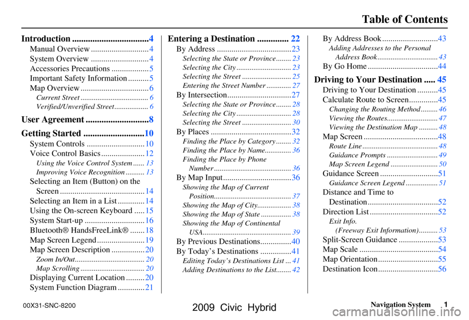 HONDA CIVIC HYBRID 2009 8.G Navigation Manual Navigation System1
Table of Contents
Introduction ..................................4
Manual Overview ............................4
System Overview ............................4
Accessories Precaution