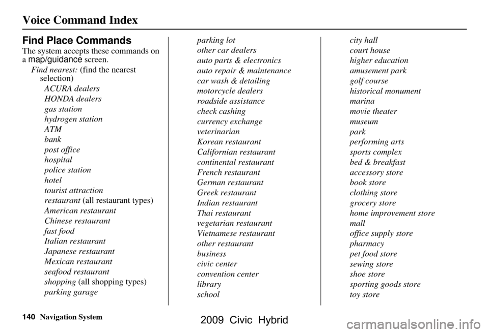 HONDA CIVIC HYBRID 2009 8.G Navigation Manual 140Navigation System
Voice Command Index
Find Place Commands
The system accepts these commands on  
a map/guidance screen.
Find nearest:  (find the nearest 
selection)
ACURA dealers 
HONDA dealers
gas