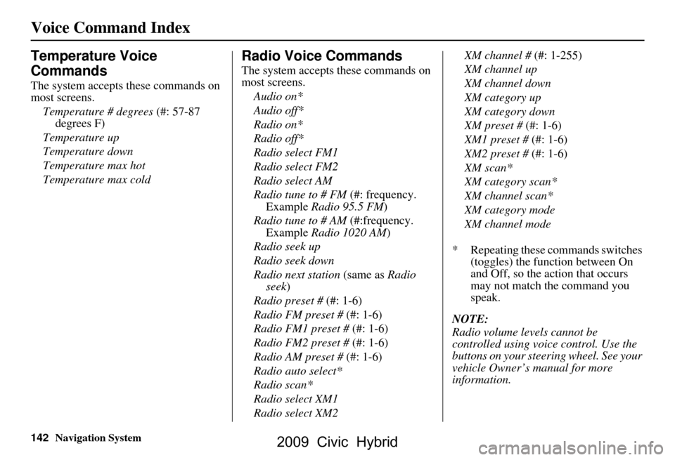 HONDA CIVIC HYBRID 2009 8.G Navigation Manual 142Navigation System
Voice Command Index
Temperature Voice  
Commands
The system accepts these commands on  
most screens.Temperature # degrees  (#: 57-87 
degrees F)
Temperature up 
Temperature down

