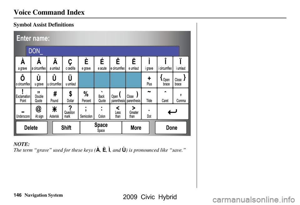HONDA CIVIC HYBRID 2009 8.G Navigation Manual 146Navigation System
Voice Command Index
Symbol Assist Definitions
NOTE:
The term “grave” used for these keys (À, È, Ì , and Ù) is pronounced like “save.”
2009 Civic Hybrid HONDA CIVIC HYBRID 2009 8.G Navigation Manual 146Navigation System
Voice Command Index
Symbol Assist Definitions
NOTE:
The term “grave” used for these keys (À, È, Ì , and Ù) is pronounced like “save.”
2009 Civic Hybrid