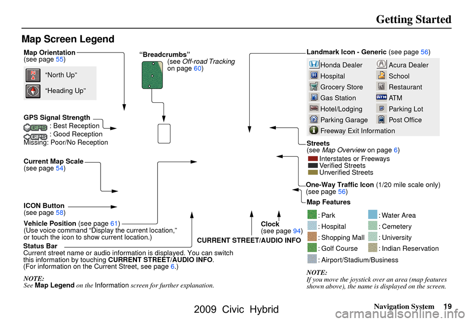 HONDA CIVIC HYBRID 2009 8.G Navigation Manual 
Navigation System19
Getting Started
Map Screen Legend
Map Orientation
(see page
55)
GPS Signal Strength
: Best Reception
: Good Reception
Missing: Poor/No Reception
Current Map Scale
(see page
54)
IC