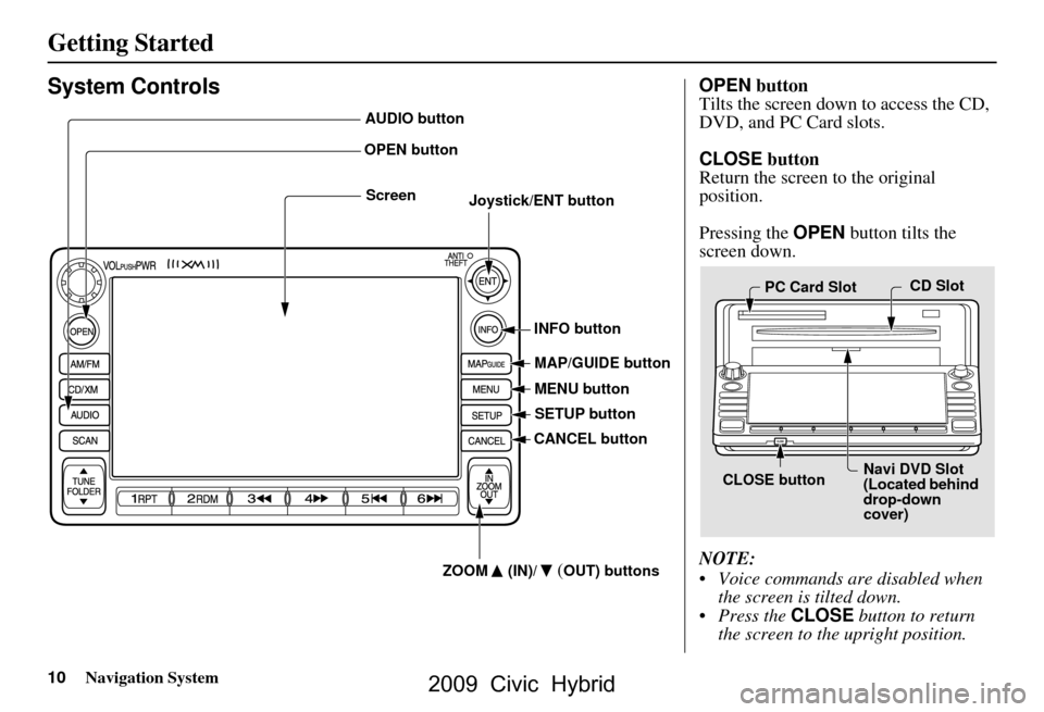 HONDA CIVIC HYBRID 2009 8.G Navigation Manual 10Navigation System
Getting Started
System Controls
Joystick/ENT buttonMAP/GUIDE button
CANCEL button
Screen
MENU button
INFO button
AUDIO button
OPEN button
ZOOM (IN)/
(OUT) buttons
SETUP button
OPEN