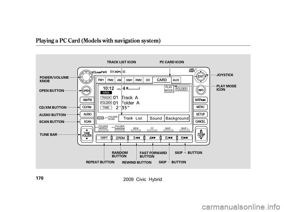 HONDA CIVIC HYBRID 2009 8.G Owners Manual µ´
Playing a PC Card (Models with navigation system)
170
OPEN BUTTON 
AUDIO BUTTON 
SCAN BUTTON
REPEAT BUTTON SKIP BUTTON SKIP BUTTON
RANDOM 
BUTTON FAST FORWARD
BUTTON
REWIND BUTTON
CD/XM BUTTON
