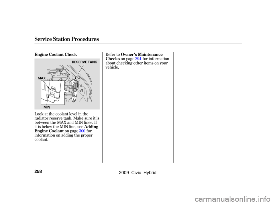 HONDA CIVIC HYBRID 2009 8.G Owners Manual Look at the coolant level in the 
radiator reserve tank. Make sure it is
between the MAX and MIN lines. If
it is below the MIN line, seeon page f or
inf ormation on adding the proper
coolant. Refer to