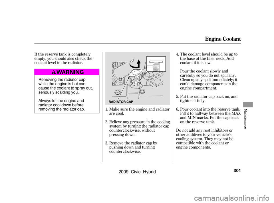 HONDA CIVIC HYBRID 2009 8.G Owners Manual If the reserve tank is completely 
empty, you should also check the
coolant level in the radiator.The coolant level should be up to
the base of the f iller neck. Add
coolant if it is low.
Do not add a