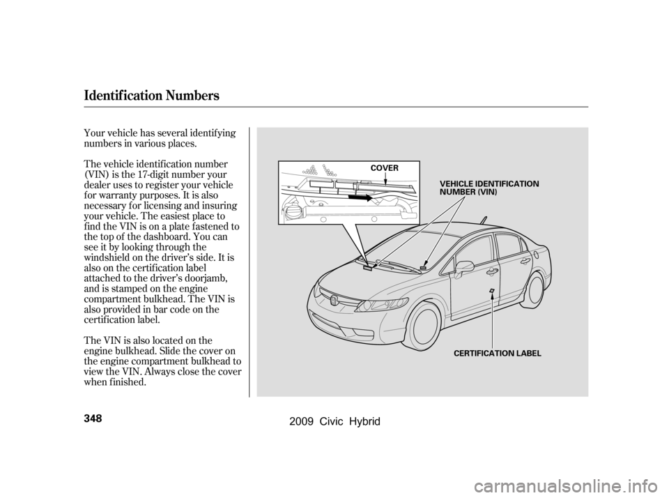 HONDA CIVIC HYBRID 2009 8.G Owners Manual Your vehicle has several identif ying 
numbers in various places. 
The vehicle identif ication number 
(VIN) is the 17-digit number your
dealer uses to register your vehicle
f or warranty purposes. It
