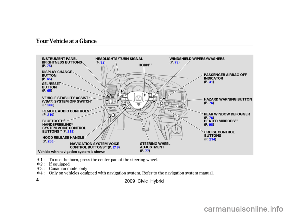 HONDA CIVIC HYBRID 2009 8.G Owners Manual Î
Î Î
Î
Î
Î 
Î
Î
Î
Only on vehicles equipped with navigation system. Ref er to the navigation system manual. 
To use the horn, press the center pad of the steering wheel. 
Canadian m