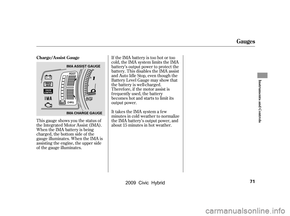 HONDA CIVIC HYBRID 2009 8.G Owners Manual This gauge shows you the status of 
the Integrated Motor Assist (IMA).
When the IMA battery is being
charged, the bottom side of the
gauge illuminates. When the IMA is
assisting the engine, the upper 