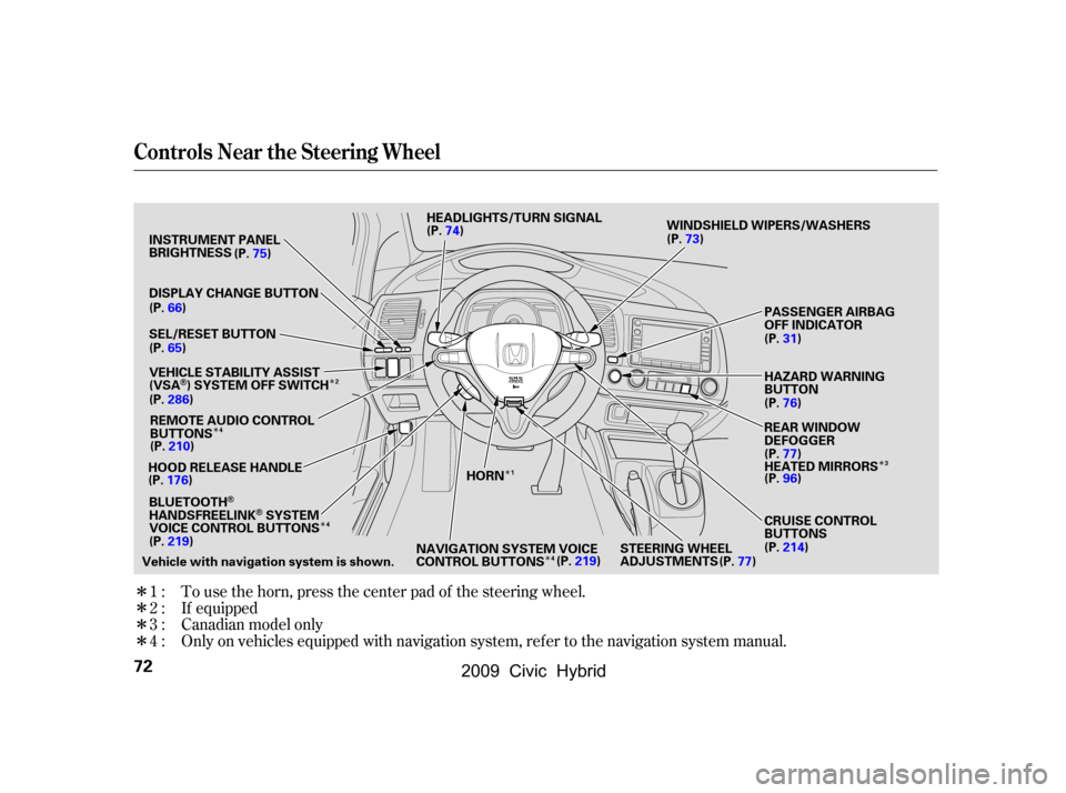 HONDA CIVIC HYBRID 2009 8.G Owners Manual 
Î
Î
Î
Î Î
Î
Î
Î
Î
Î Only on vehicles equipped with navigation system, ref er to the navigation system manual. To use the horn, press the center pad of the steering wheel.
1:
2:
3: