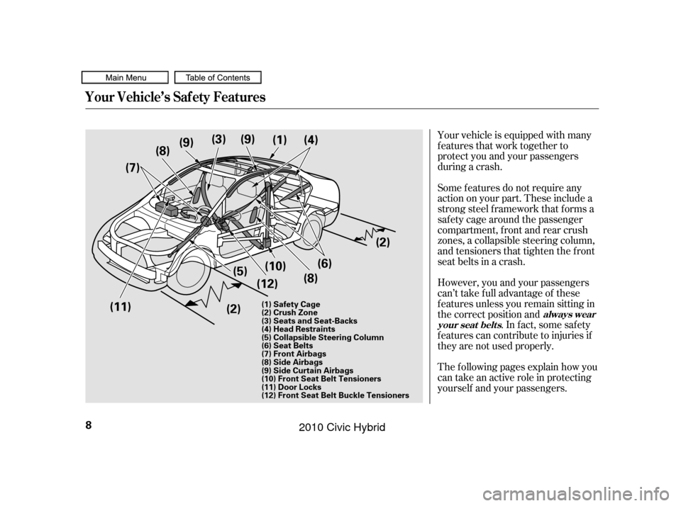 HONDA CIVIC HYBRID 2010 8.G User Guide Your vehicle is equipped with many
features that work together to
protect you and your passengers
during a crash.
The f ollowing pages explain how you
cantakeanactiveroleinprotecting
yourself and your