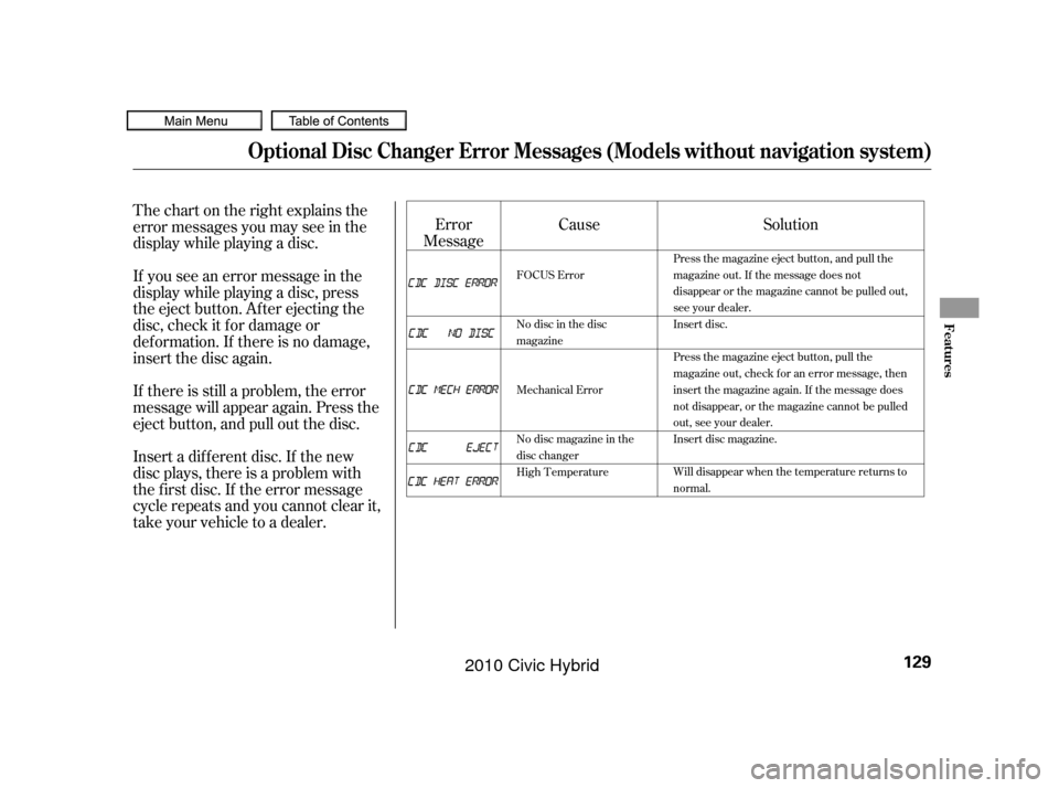 HONDA CIVIC HYBRID 2010 8.G Owners Manual Error
Message Solution
Cause
Thechartontherightexplainsthe
error messages you may see in the
display while playing a disc.
If you see an error message in the
display while playing a disc, press
the ej