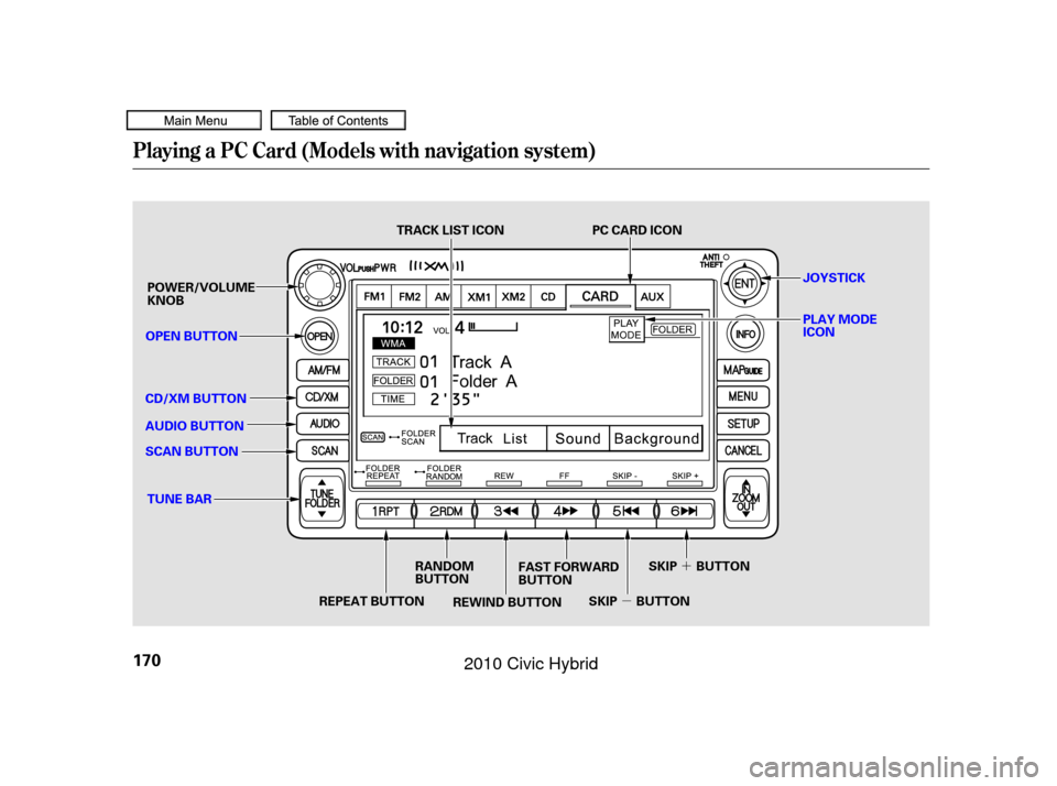 HONDA CIVIC HYBRID 2010 8.G Owners Manual µ´
Playing a PC Card (Models with navigation system)
170
OPEN BUTTON
AUDIO BUTTON
SCAN BUTTON
REPEAT BUTTON SKIP BUTTONSKIP BUTTON
RANDOM
BUTTON FAST FORWARD
BUTTON
REWIND BUTTON
CD/XM BUTTON
POWE