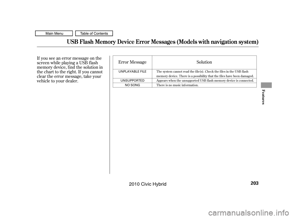 HONDA CIVIC HYBRID 2010 8.G Owners Manual If you see an error message on the
screen while playing a USB f lash
memory device, f ind the solution in
the chart to the right. If you cannot
clear the error message, take your
vehicle to your deale