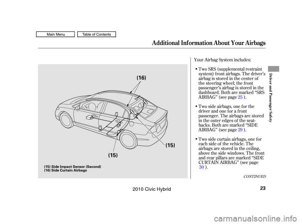 HONDA CIVIC HYBRID 2010 8.G Owners Manual Two SRS (supplemental restraint
system) f ront airbags. The driver’s
airbag is stored in the center of
the steering wheel; the f ront
passenger’sairbagisstoredinthe
dashboard. Both are marked ‘â HONDA CIVIC HYBRID 2010 8.G Owners Manual Two SRS (supplemental restraint
system) f ront airbags. The driver’s
airbag is stored in the center of
the steering wheel; the f ront
passenger’sairbagisstoredinthe
dashboard. Both are marked ‘â