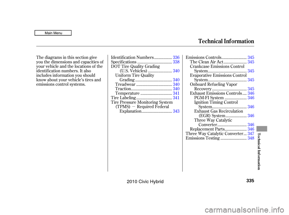 HONDA CIVIC HYBRID 2010 8.G Owners Manual µ
Thediagramsinthissectiongive
you the dimensions and capacities of
your vehicle and the locations of the
identif ication numbers. It also
includes inf ormation you should
know about your vehicle’