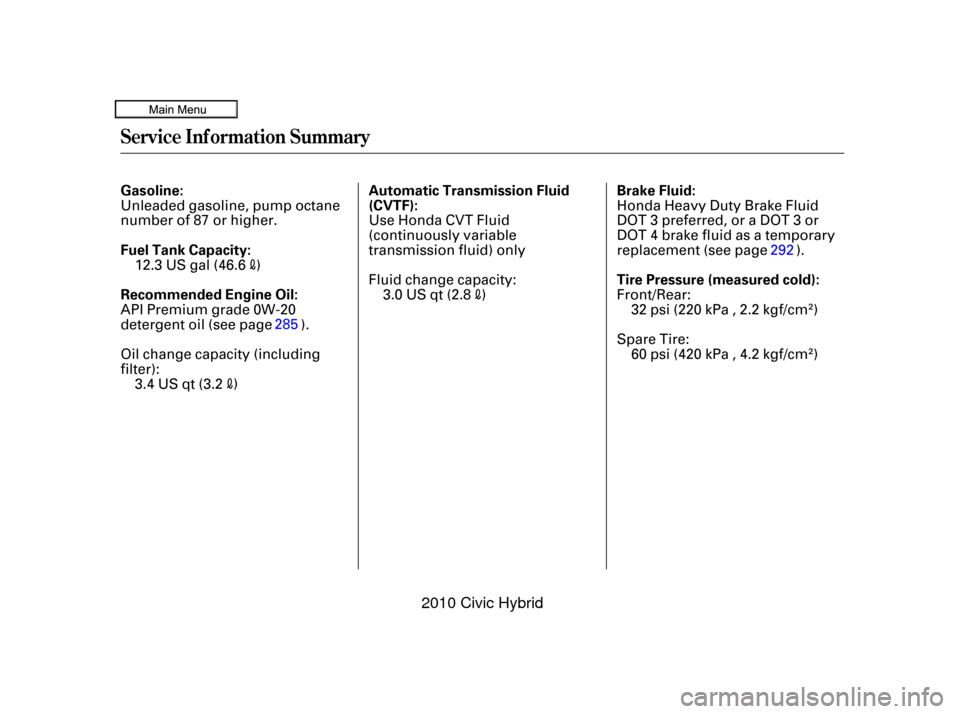 HONDA CIVIC HYBRID 2010 8.G Owners Manual Service Inf ormation Summary
Gasoline:
Fuel Tank Capacity:Brake Fluid:
Tire Pressure (measured cold):
Recommended Engine Oil: Automatic Transmission Fluid
(CVTF):
32 psi (220 kPa , 2.2 kgf/cm
)
60 psi
