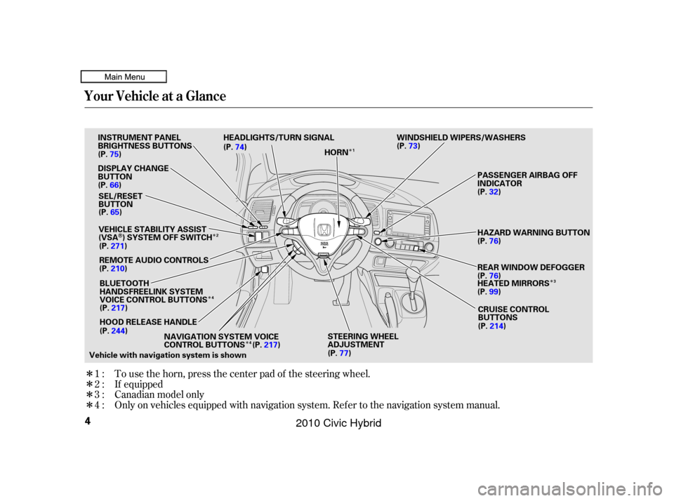 HONDA CIVIC HYBRID 2010 8.G Owners Manual Î
Î Î
Î
Î
Î
Î
Î
Î
Only on vehicles equipped with navigation system. Ref er to the navigation system manual. To use the horn, press the center pad of the steering wheel.
Canadian mode