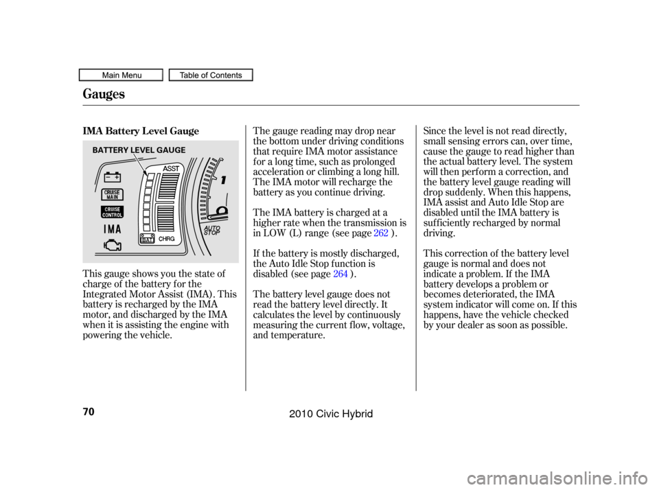 HONDA CIVIC HYBRID 2010 8.G Manual PDF This gauge shows you the state of
charge of the battery for the
Integrated Motor Assist (IMA). This
battery is recharged by the IMA
motor, and discharged by the IMA
when it is assisting the engine wit