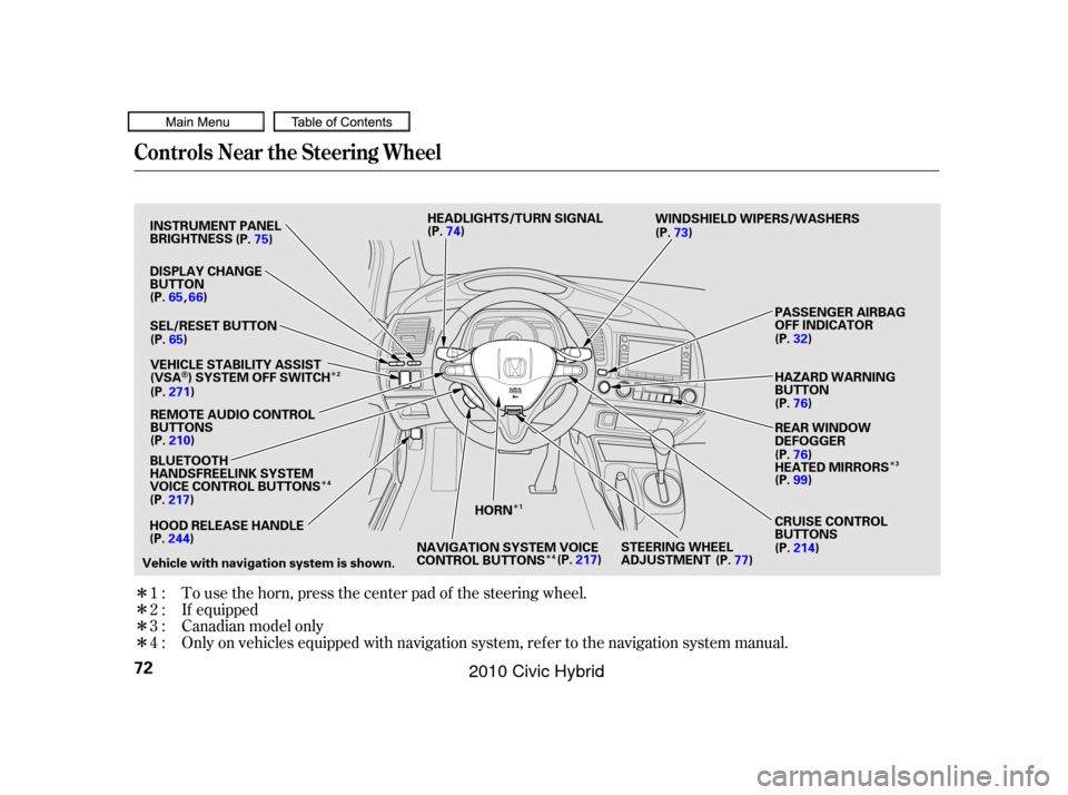 HONDA CIVIC HYBRID 2010 8.G Manual PDF Î
Î
Î
Î
Î
Î
Î
Î
Î
Only on vehicles equipped with navigation system, ref er to the navigation system manual. To use the horn, press the center pad of the steering wheel.
1:
2:
3:
4: I