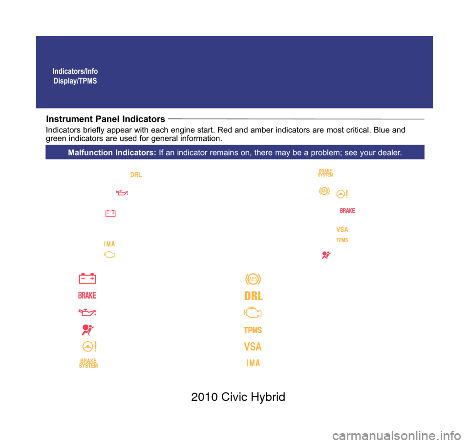 HONDA CIVIC HYBRID 2010 8.G Technology Reference Guide Indicators/InfoDisplay/TPMS
Instrument Panel Indicators
Indicators briefly appear with each engine start. Red and amber indicators are most critical. Blue and
green indicators are used for general inf