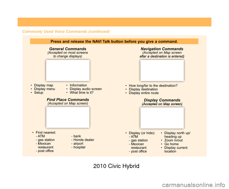 HONDA CIVIC HYBRID 2010 8.G Technology Reference Guide Commonly Used Voice Commands (continued)Navigation Commands
(Accepted on Map screen
after a destination is entered)
• How long/far to the destination?
• Display destination
• Display entire rout