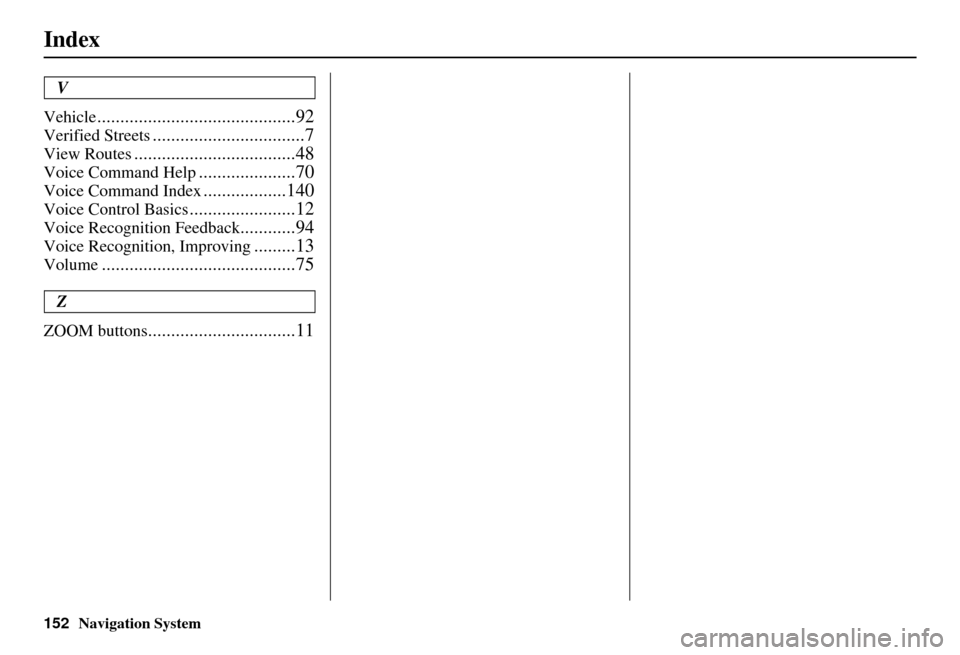 HONDA CIVIC HYBRID 2011 8.G Navigation Manual 152Navigation System
Index
V
Vehicle
...........................................92
Verified Streets.................................7
View Routes...................................48
Voice Command Hel