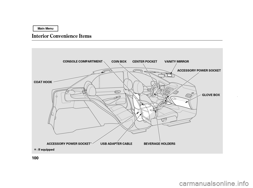 HONDA CIVIC HYBRID 2011 8.G Owners Manual Î
Î
Interior Convenience Items
100 COAT HOOK
ACCESSORY POWER SOCKET
: If equipped USB ADAPTER CABLE BEVERAGE HOLDERS GLOVE BOX
VANITY MIRROR
CENTER POCKET
COIN BOX
CONSOLE COMPARTMENT
ACCESSORY PO