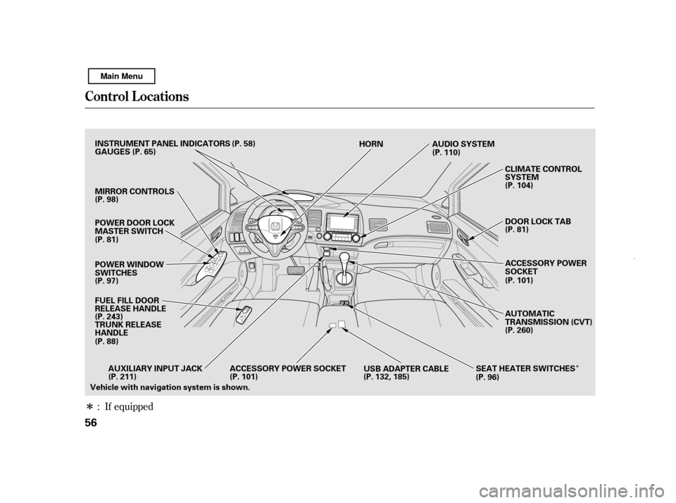 HONDA CIVIC HYBRID 2011 8.G Workshop Manual ÎÎ
If equipped
:
Control L ocat ions
56 POWER WINDOW 
SWITCHES
MIRROR CONTROLS 
FUEL FILL DOOR 
RELEASE HANDLE INSTRUMENT PANEL INDICATORS 
GAUGES
POWER DOOR LOCK 
MASTER SWITCH (P. 58)
TRUNK RELE