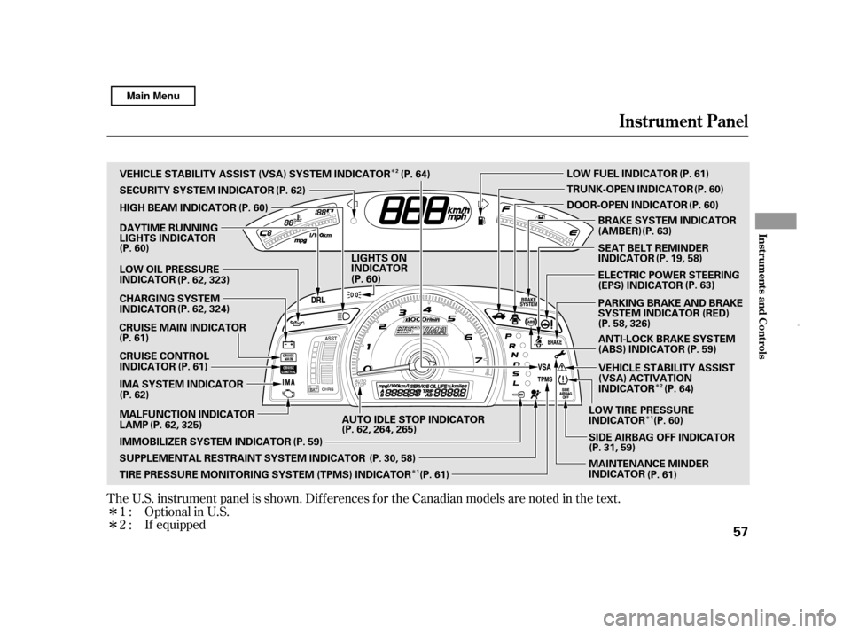 HONDA CIVIC HYBRID 2011 8.G Owners Manual Î ÎÎ
ÎÎ
Î
The U.S. instrument panel is shown. Dif f erences f or the Canadian models are noted in the tex t.
Optional in U.S.
1:2: If equipped
Instrument Panel
Inst rument s and Cont rols
