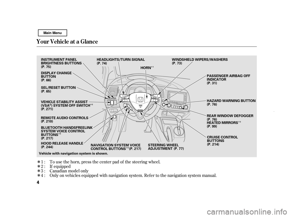 HONDA CIVIC HYBRID 2011 8.G Owners Manual ÎÎ
Î
Î
Î
Î ÎÎÎ Only on vehicles equipped with navigation system. Ref er to the navigati on system manual.
To use the horn, press the center pad of the steering wheel. 
Canadian model