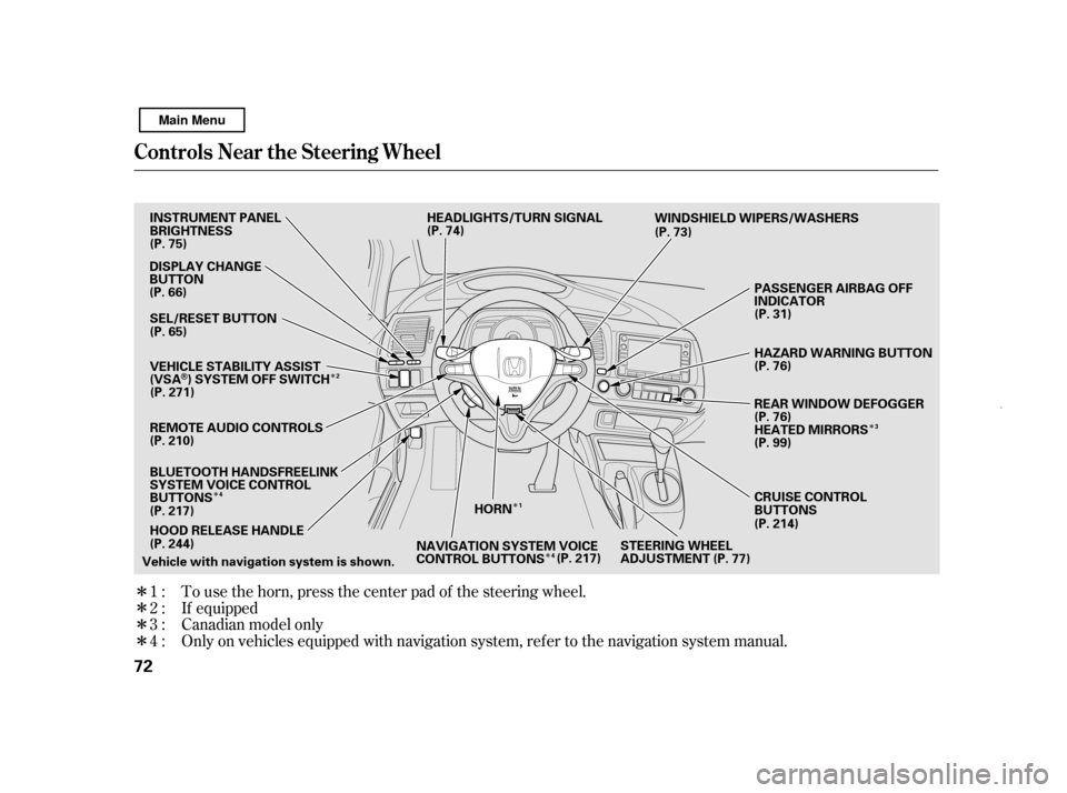 HONDA CIVIC HYBRID 2011 8.G Owners Manual ÎÎ
Î
Î Î
Î ÎÎÎ Only on vehicles equipped with navigation system, ref er to the navigati on system manual.
To use the horn, press the center pad of the steering wheel.
1:2:3:4: If equ