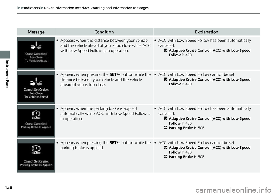 HONDA ACCORD 2022 Owners Manual 128
uuIndicators uDriver Information Interface Wa rning and Information Messages
Instrument Panel
MessageConditionExplanation
●Appears when the distance between your vehicle
and the vehicle ahead o HONDA ACCORD 2022 Owners Manual 128
uuIndicators uDriver Information Interface Wa rning and Information Messages
Instrument Panel
MessageConditionExplanation
●Appears when the distance between your vehicle
and the vehicle ahead o
