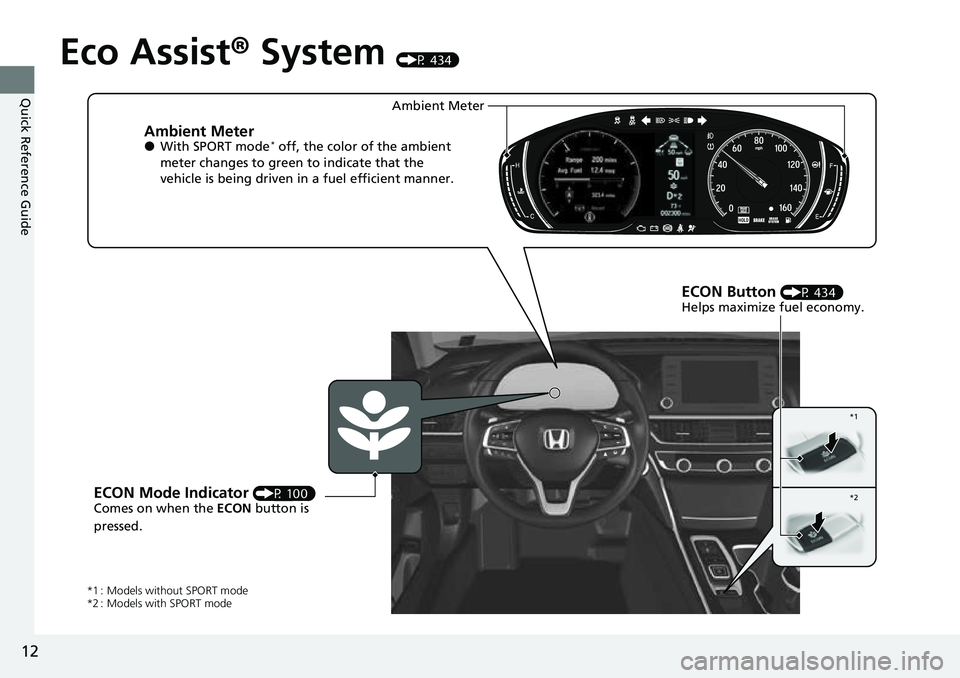 HONDA ACCORD 2022 User Guide 12
Quick Reference Guide
Eco Assist® System (P 434)
Ambient Meter●With SPORT mode* off, the color of the ambient 
meter changes to green to indicate that the 
vehicle is being driven in a fuel effi