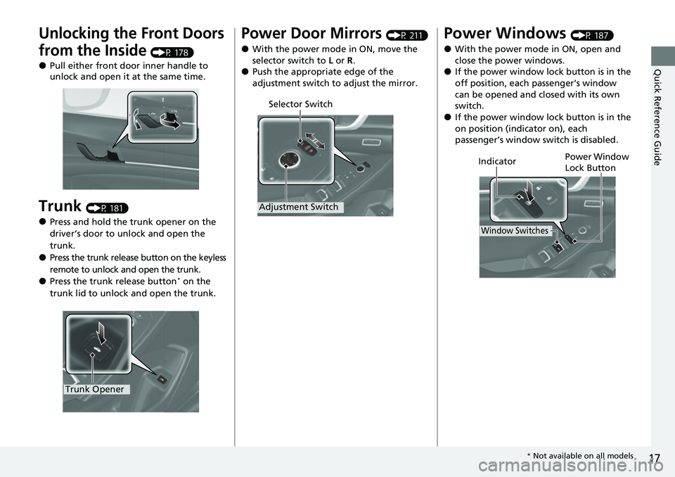 HONDA ACCORD 2022 User Guide 17
Quick Reference Guide
Unlocking the Front Doors 
from the Inside 
(P 178)
●Pull either front door inner handle to 
unlock and open it at the same time.
Trunk (P 181)
●Press and hold the trunk o