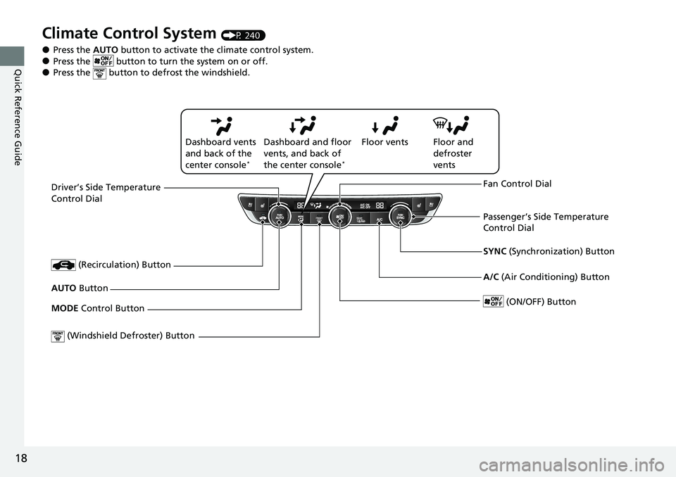 HONDA ACCORD 2022 Owners Manual 18
Quick Reference Guide
Climate Control System (P 240)
●Press the AUTO button to activate the climate control system.●Press the button to turn the system on or off.●Press the button to defr HONDA ACCORD 2022 Owners Manual 18
Quick Reference Guide
Climate Control System (P 240)
●Press the AUTO button to activate the climate control system.●Press the button to turn the system on or off.●Press the button to defr