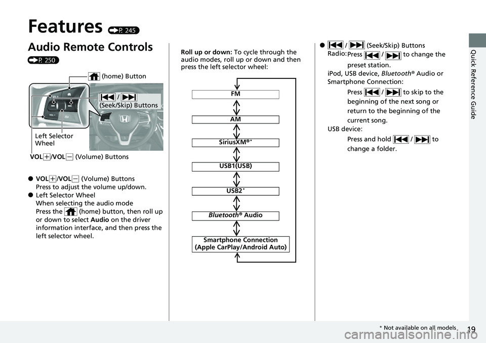 HONDA ACCORD 2022 Owners Manual 19
Quick Reference Guide
Features (P 245)
Audio Remote Controls
(P 250)
●VOL(+/VOL( - (Volume) Buttons
Press to adjust the volume up/down.
●Left Selector Wheel
When selecting the audio mode
Press HONDA ACCORD 2022 Owners Manual 19
Quick Reference Guide
Features (P 245)
Audio Remote Controls
(P 250)
●VOL(+/VOL( - (Volume) Buttons
Press to adjust the volume up/down.
●Left Selector Wheel
When selecting the audio mode
Press