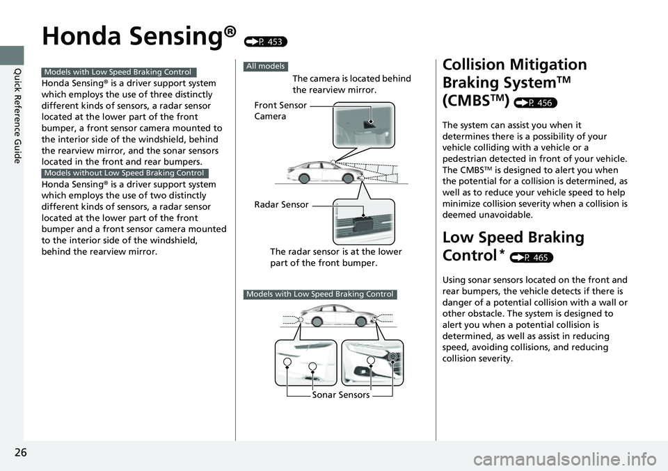 HONDA ACCORD 2022 Owners Manual 26
Quick Reference Guide
Honda Sensing® (P 453)
Honda Sensing ® is a driver support system
which employs the use of three distinctly
different kinds of sensors, a radar sensor
located at the lowe HONDA ACCORD 2022 Owners Manual 26
Quick Reference Guide
Honda Sensing® (P 453)
Honda Sensing ® is a driver support system
which employs the use of three distinctly
different kinds of sensors, a radar sensor
located at the lowe
