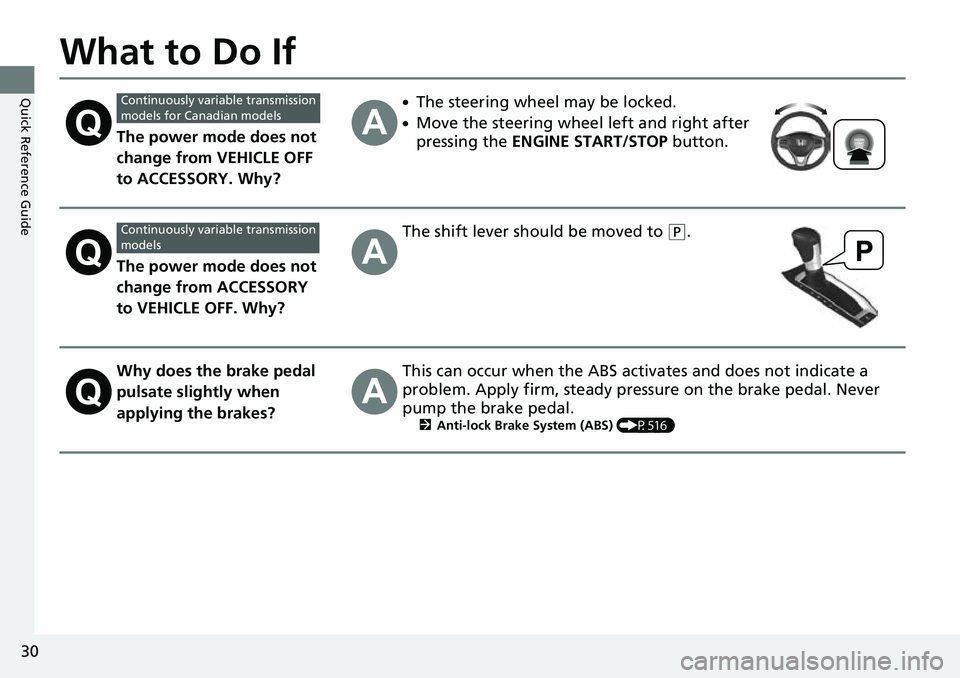 HONDA ACCORD 2022  Owners Manual 30
Quick Reference Guide
What to Do If
The power mode does not 
change from VEHICLE OFF 
to ACCESSORY. Why?
●The steering wheel may be locked.
●Move the steering wheel left and right after 
pressi