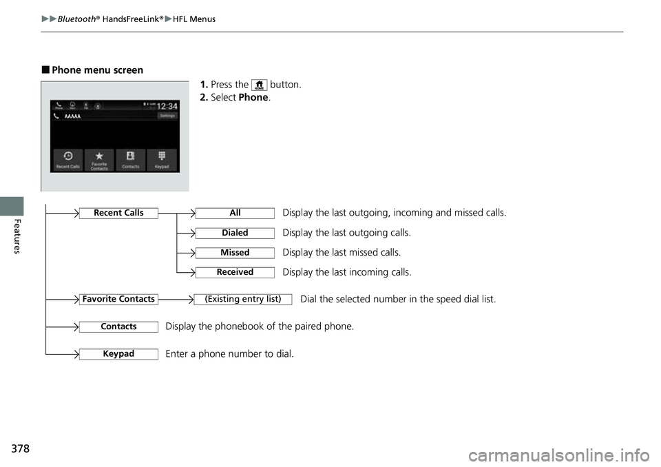 HONDA ACCORD 2022 Owners Guide 378
uuBluetooth ® HandsFreeLink ®u HFL Menus
Features
â– Phone menu screen
1.Press the button.
2. Select Phone .
Display the last outgoing, incoming and missed calls.Recent Calls
Favorite Contact HONDA ACCORD 2022 Owners Guide 378
uuBluetooth ® HandsFreeLink ®u HFL Menus
Features
â– Phone menu screen
1.Press the button.
2. Select Phone .
Display the last outgoing, incoming and missed calls.Recent Calls
Favorite Contact
