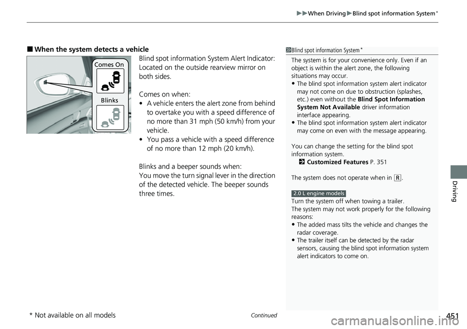 HONDA ACCORD 2022 Owners Guide Continued451
uuWhen Driving uBlind spot information System*
Driving
■When the system detects a vehicle
Blind spot information System Alert Indicator:
Located on the outside rearview mirror on
both HONDA ACCORD 2022 Owners Guide Continued451
uuWhen Driving uBlind spot information System*
Driving
■When the system detects a vehicle
Blind spot information System Alert Indicator:
Located on the outside rearview mirror on
both