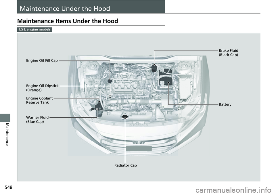 HONDA ACCORD 2022 User Guide 548
Maintenance
Maintenance Under the Hood
Maintenance Items Under the Hood
1.5 L engine models
Brake Fluid
(Black Cap)
Engine Coolant
Reserve Tank
Radiator Cap
Washer Fluid
(Blue Cap) Engine Oil D HONDA ACCORD 2022 User Guide 548
Maintenance
Maintenance Under the Hood
Maintenance Items Under the Hood
1.5 L engine models
Brake Fluid
(Black Cap)
Engine Coolant
Reserve Tank
Radiator Cap
Washer Fluid
(Blue Cap) Engine Oil D